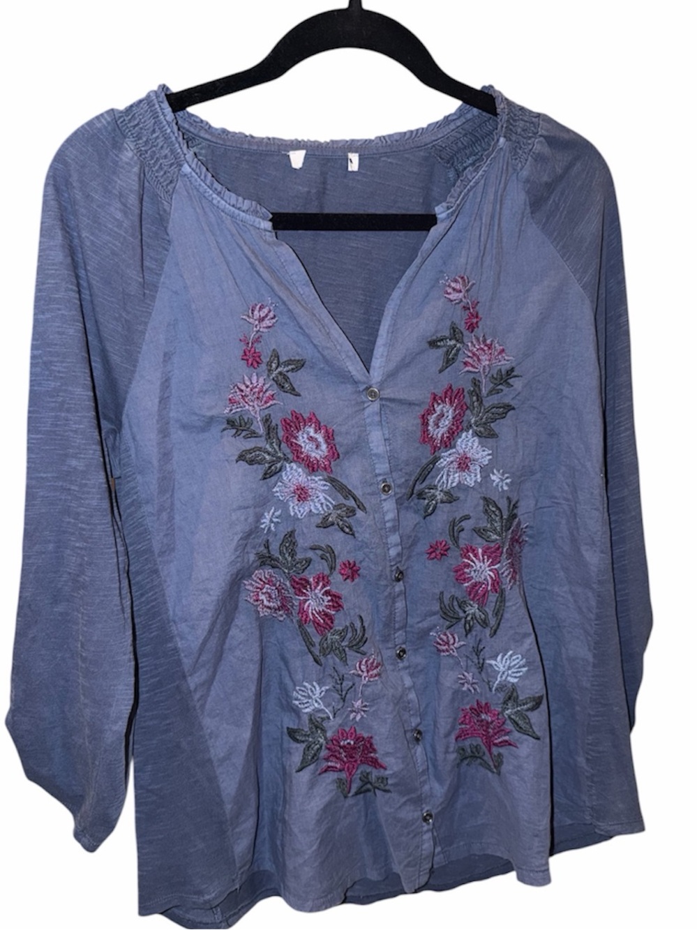 Embroidered Slate Blue Button-Front Peasant Blouse